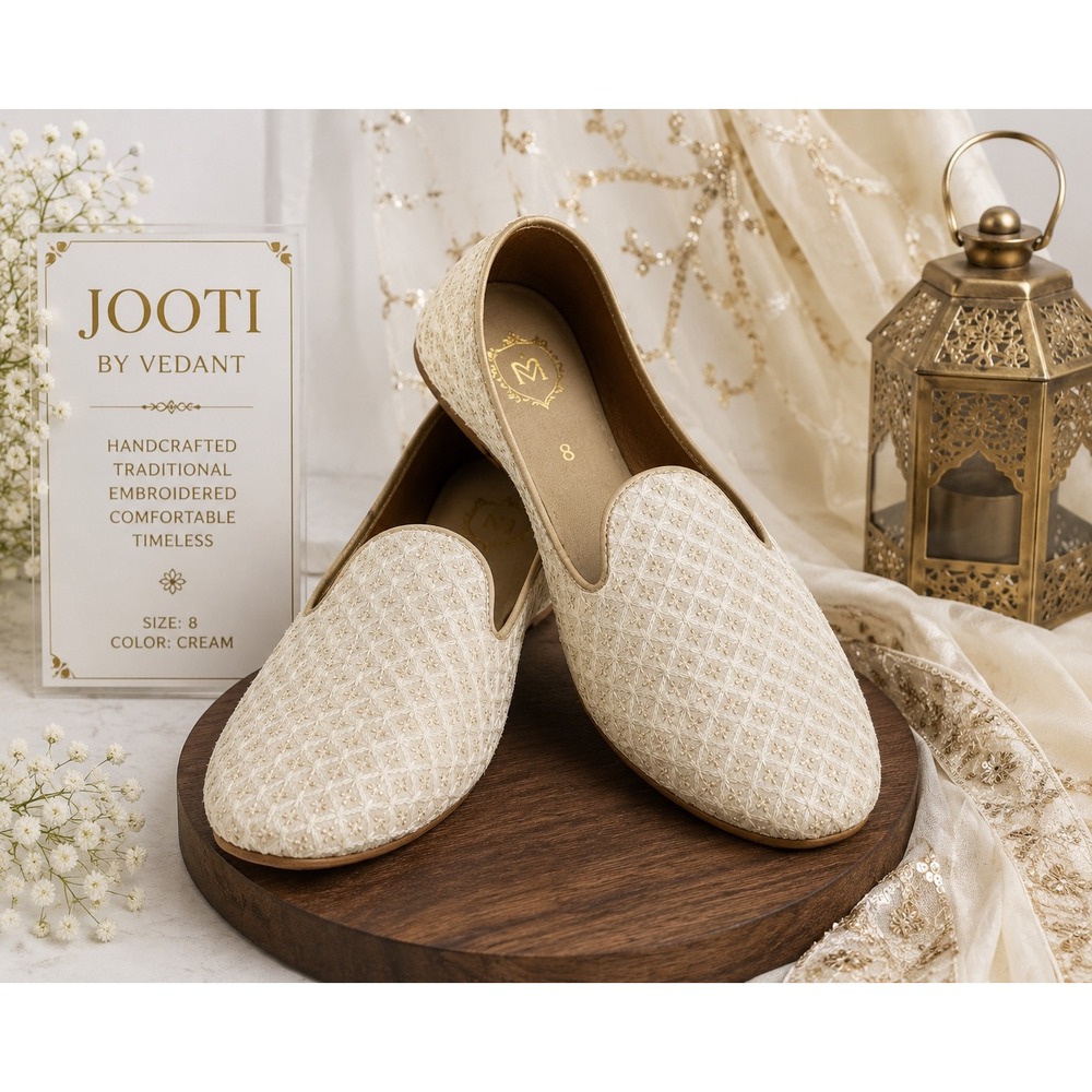 JOOTI by Vedant Cream Embroidered Jutti Flats Women's Size 8 Ethnic Slip On